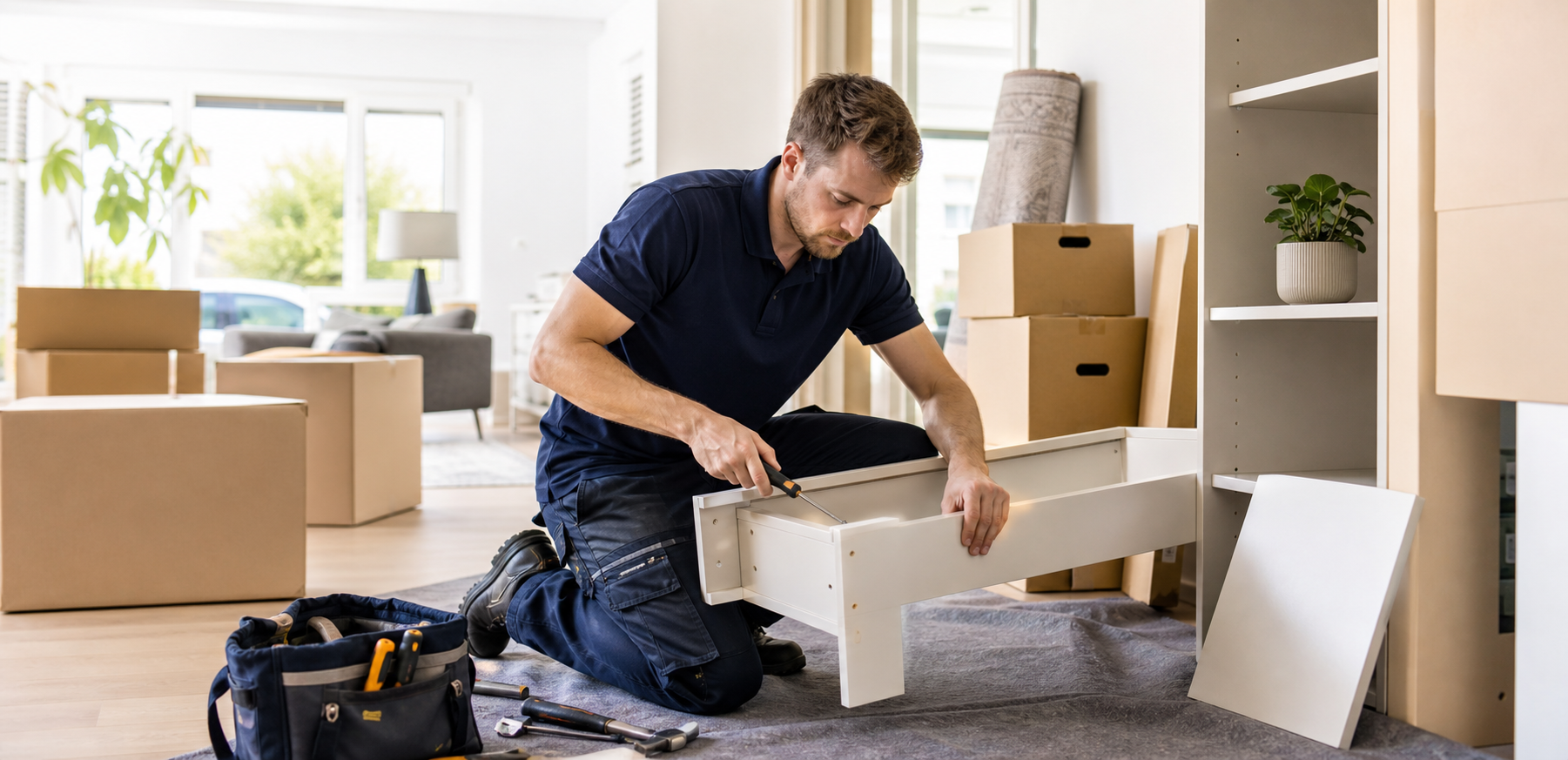 A handyman assembling furniture after a house move