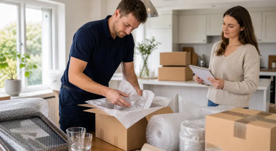 A removals team member carefully packing fragile items in a kitchen