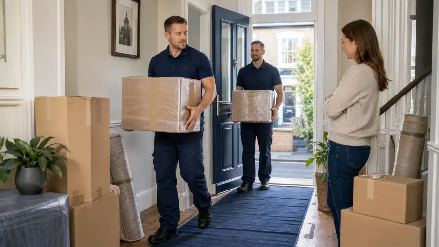 Professional movers bringing protected boxes into a UK home