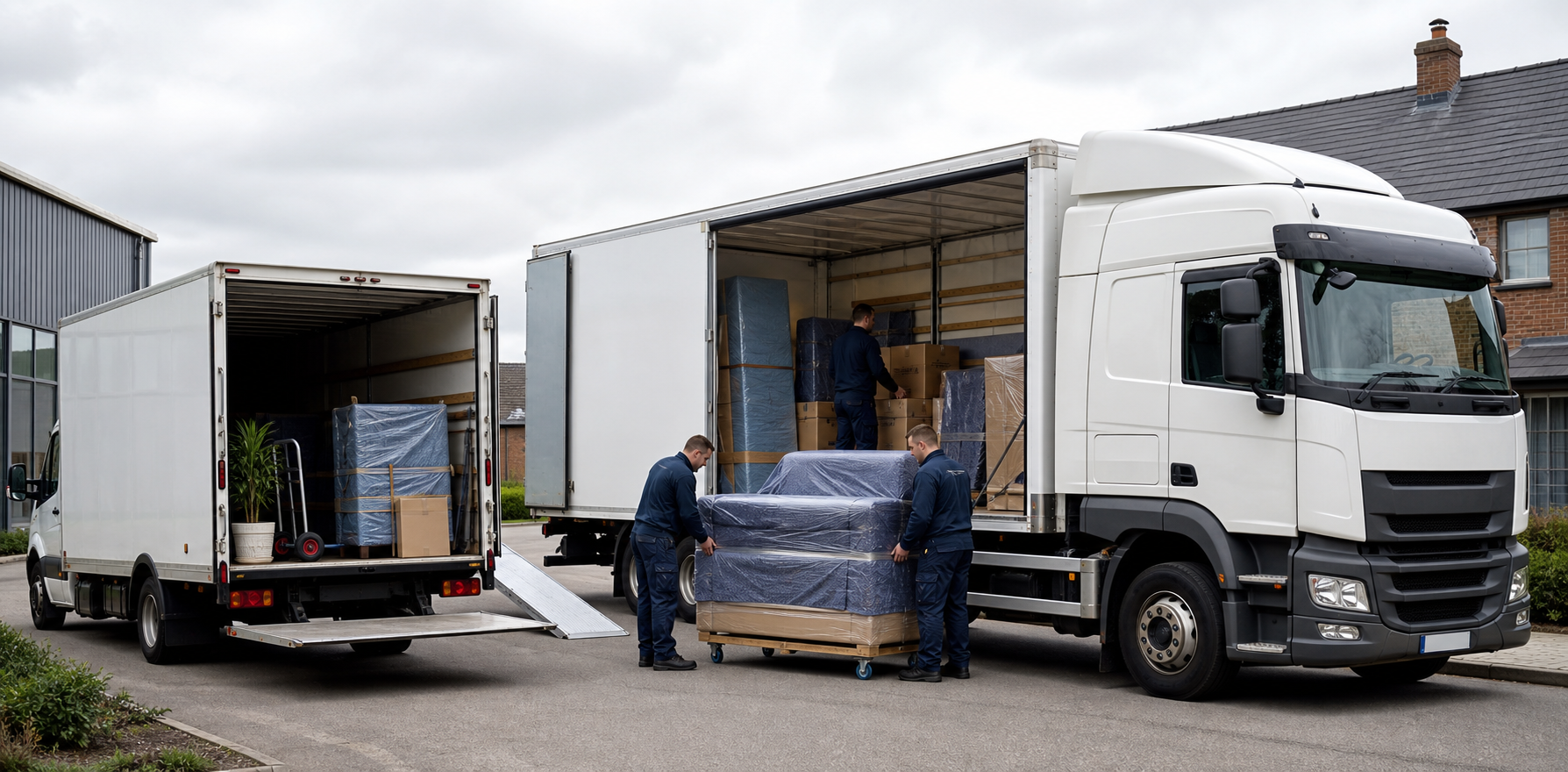 Removal lorries being loaded by a professional removals crew